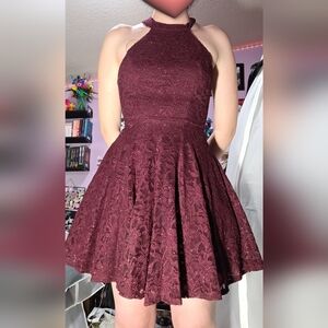 B. Smart Burgundy Lace Midi Fit-and-Flare Dress